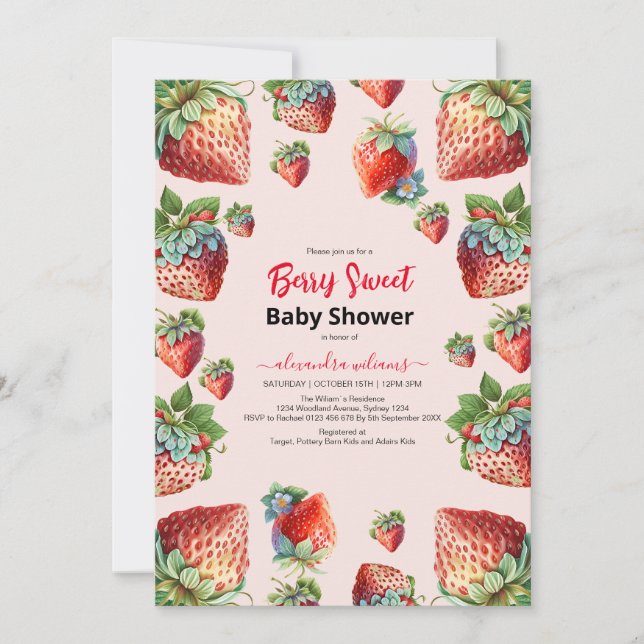 Cute watercolor strawberry baby shower invitation (Front)