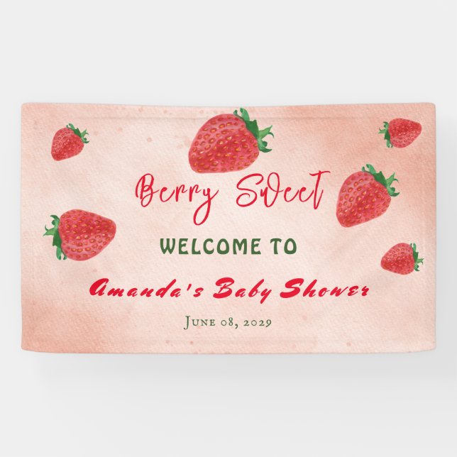 Cute Watercolor Strawberry Berry Sweet Baby Shower Banner (Horizontal)