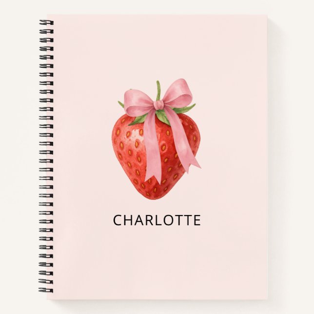 Cute Watercolor Strawberry Bow Coquette Monogram Notebook (Front)