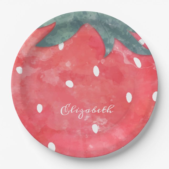 Cute Watercolor Strawberry  Paper Plate (Front)