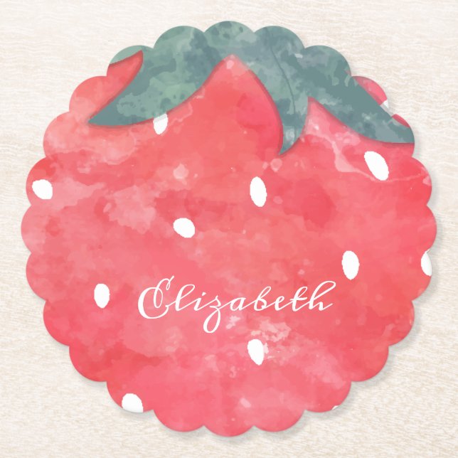 Cute Watercolor Strawberry  Paper Plate Coaster (Front)