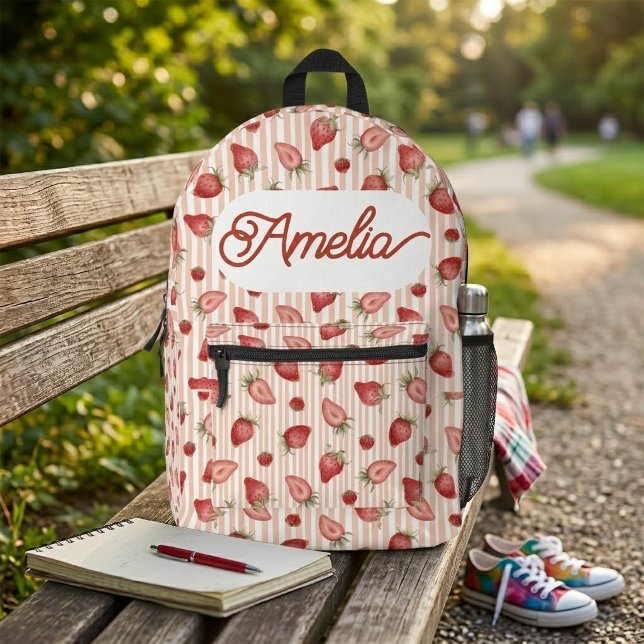 Cute Watercolor Strawberry Pink Stripe Custom Name Printed Backpack (Creator Uploaded)