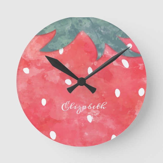 Cute Watercolor Strawberry  Round Clock (Front)