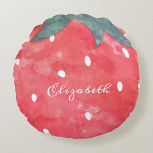 Cute Watercolor Strawberry  Round Cushion