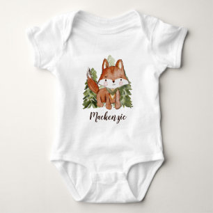 Cute Watercolor Style Fox and Trees Text Name Baby Bodysuit
