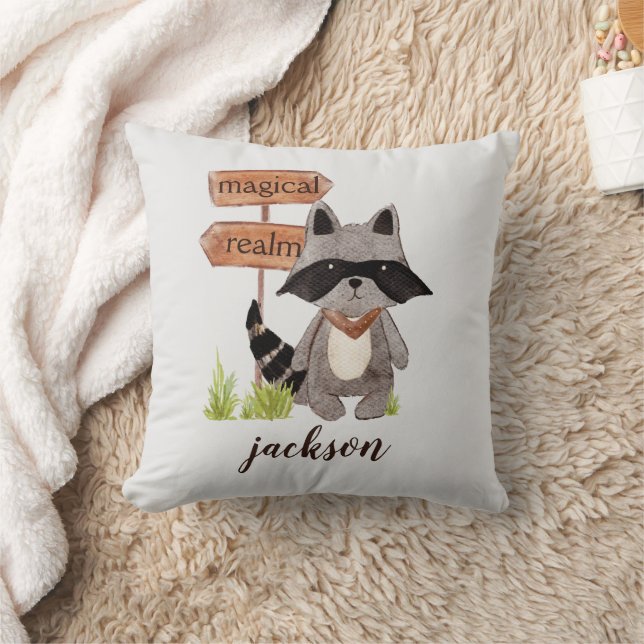 Cute Watercolor Style Racoon Custom Text Name Cushion (Blanket)