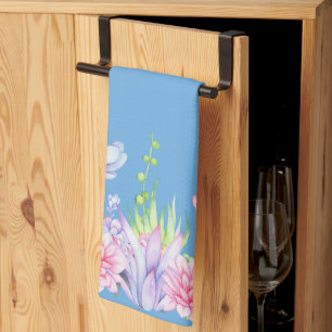 Cute Watercolor Succulents on Blue Background Tea Towel