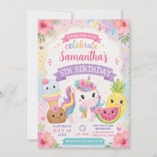 Cute Watercolor Summer Unicorn Birthday Invitation