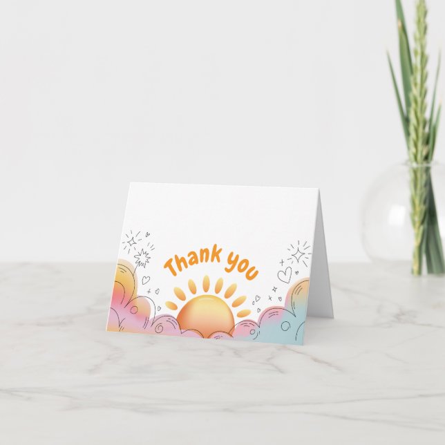 Cute Watercolor Sun and Sparkles Doodle Thank You Card (Front)