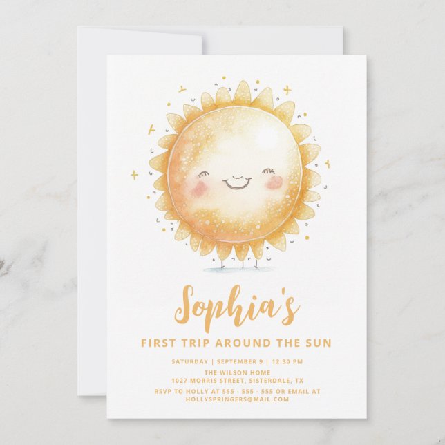 Cute Watercolor Sunshine Girl 1st Birthday Invitation (Front)