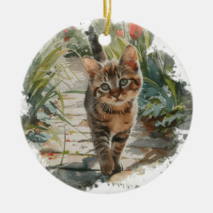 CUTE WATERCOLOR TABBY KITTEN ON SPRING PATH CERAMIC TREE DECORATION
