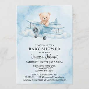 Cute Watercolor Teddy Bear Aeroplane Baby Shower Invitation