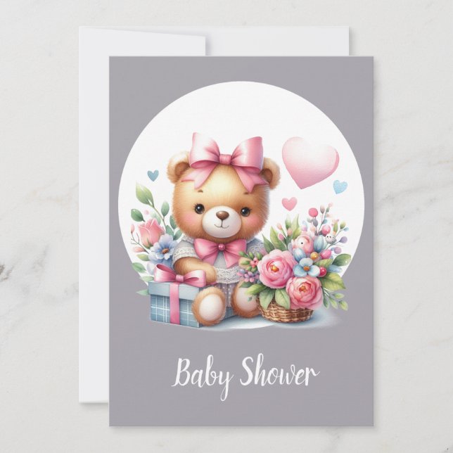 Cute Watercolor Teddy Bear Baby Animal Invitation (Front)