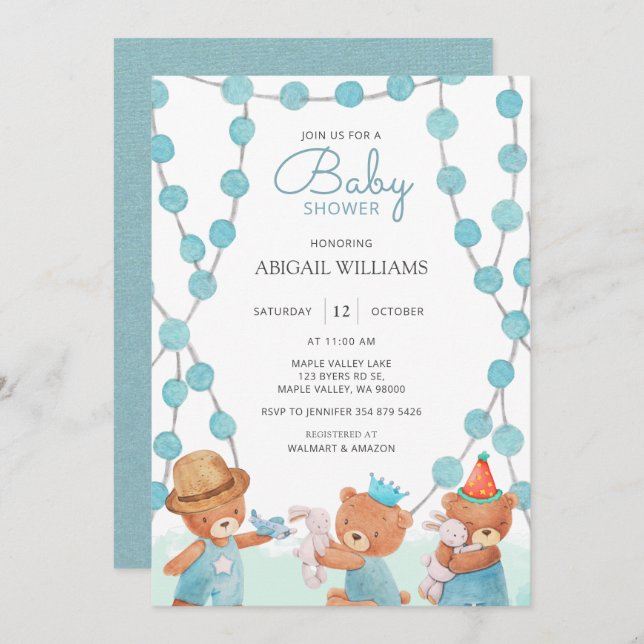 Cute Watercolor Teddy Bear Baby Shower Invitation (Front/Back)