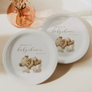 Cute Watercolor Teddy Bear Baby Shower Paper Plate