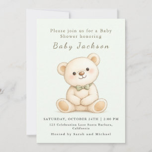 Cute Watercolor Teddy Bear Baby Shower Sage Green  Invitation