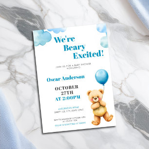 Cute Watercolor Teddy Bear Balloon Baby Shower Invitation