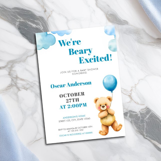 Cute Watercolor Teddy Bear Balloon Baby Shower Invitation (Creator Uploaded)