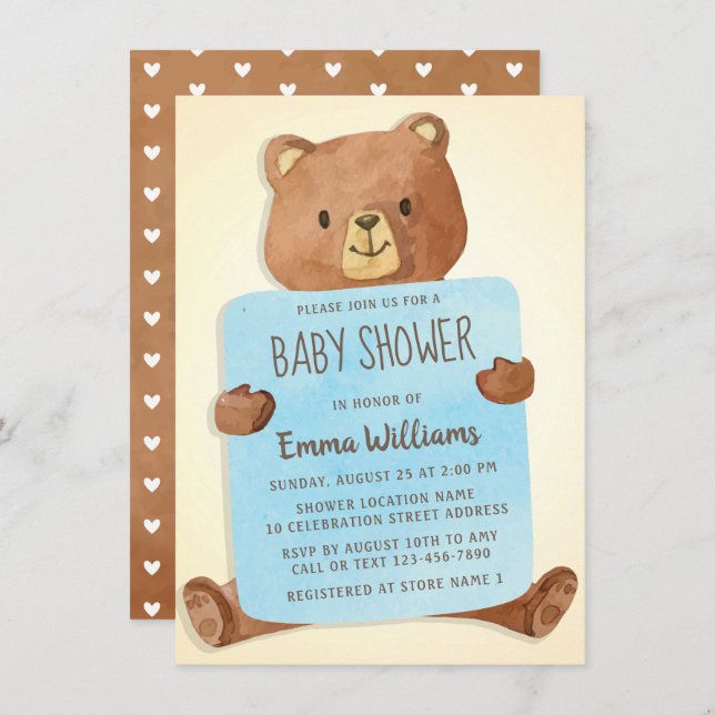 Cute Watercolor Teddy Bear | Boy Baby Shower Invitation (Front/Back)
