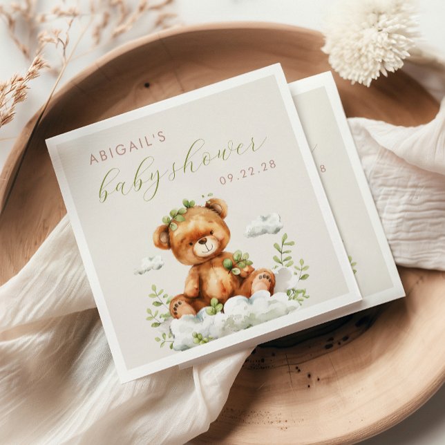 Cute Watercolor Teddy Bear Greenery Baby Shower Napkin (Creator Uploaded)