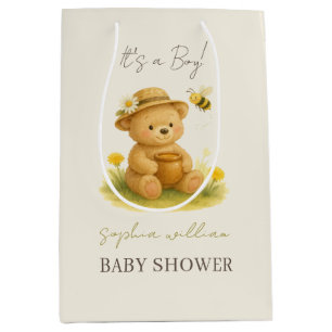 Cute Watercolor Teddy Bear & Honey Bee Baby Shower Medium Gift Bag
