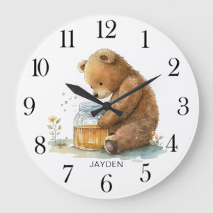 Cute Watercolor Teddy Bear Honey Pot Personalised Large Clock