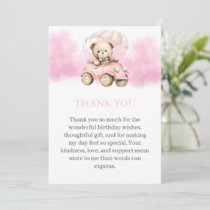 Cute Watercolor Teddy Bear in Pink Car Birthday Thank You Card