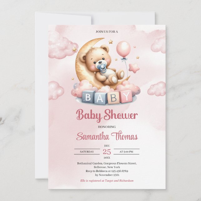 Cute watercolor teddy bear over the moon invitation (Front)