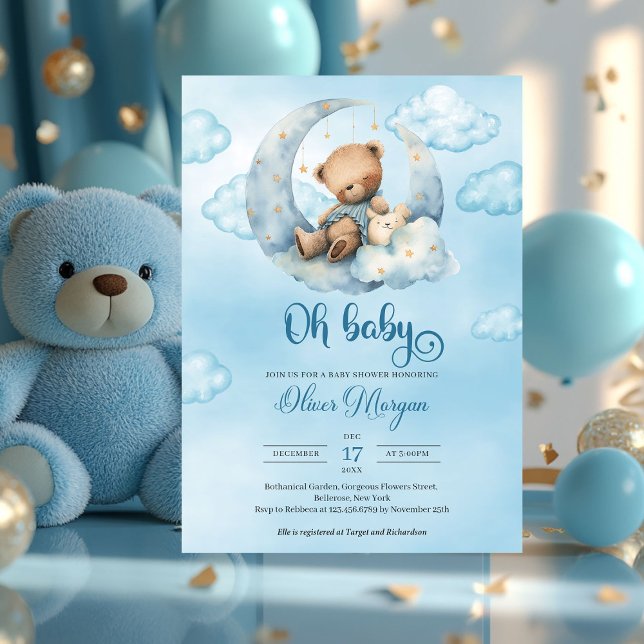 Cute Watercolor teddy bear sleeping over the moon Invitation (oh baby - boy baby shower invitation with teddy bear)