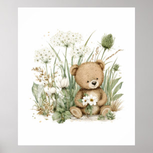 Cute Watercolor Teddy Bear with Wildflowers Poster