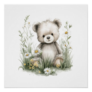 Cute Watercolor Teddy Bear with Wildflowers Poster