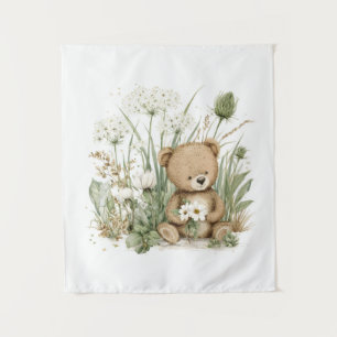 Cute Watercolor Teddy Bear with Wildflowers Tapestry