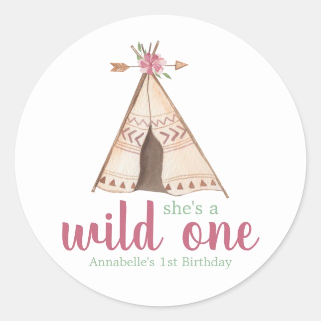 Cute Watercolor Teepee Boho 1st Birthday Classic Round Sticker (Front)