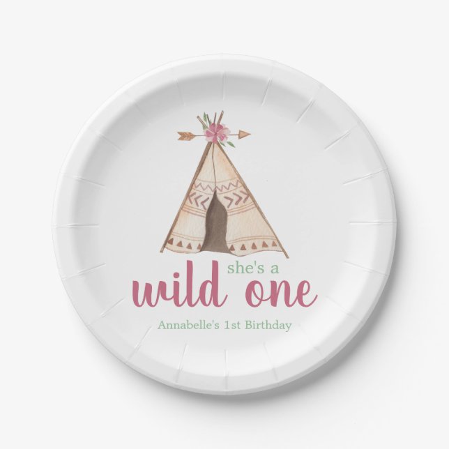 Cute Watercolor Teepee Boho 1st Birthday Paper Plate (Front)