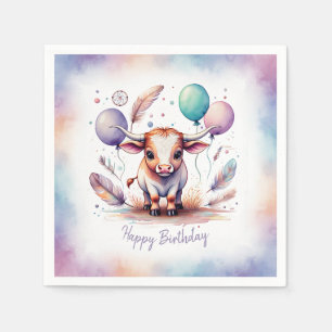 Cute Watercolor Texas Longhorn Balloons Birthday Napkin