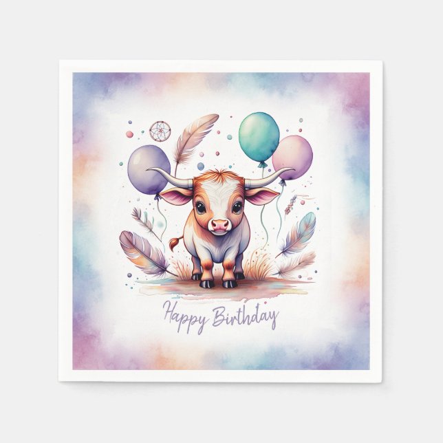 Cute Watercolor Texas Longhorn Balloons Birthday  Napkin (Front)