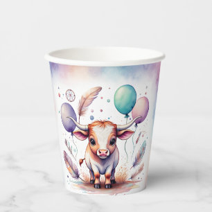 Cute Watercolor Texas Longhorn Balloons Birthday Paper Cups