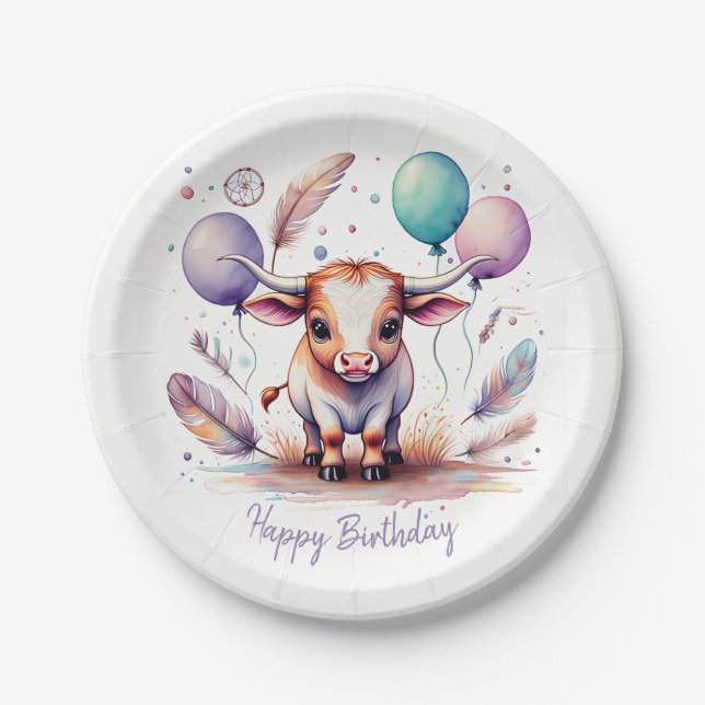 Cute Watercolor Texas Longhorn Balloons Birthday  Paper Plate (Front)