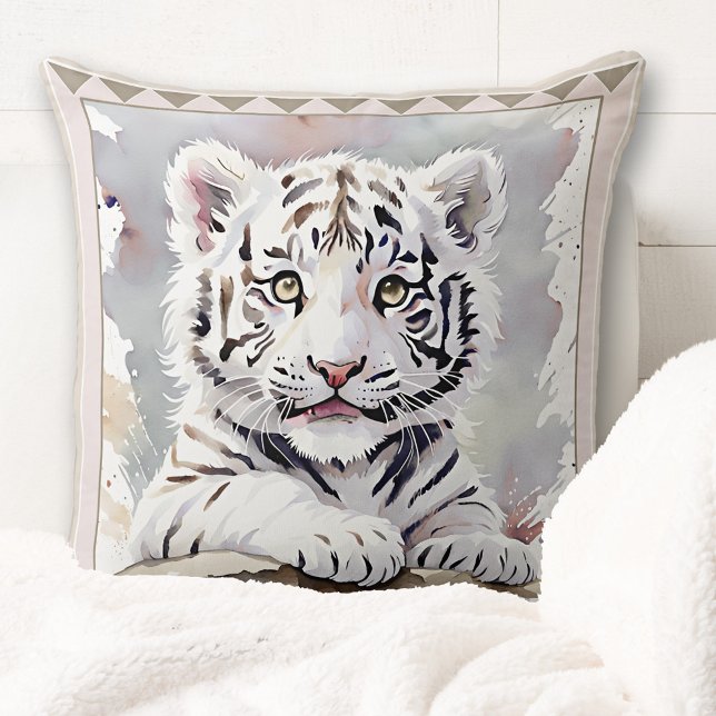 Cute Watercolor Tiger Cub Animal Art Cushion (Cute pillow showing a watercolor painting of a tiger cub. Great for a nursery or a toddler's bedroom)
