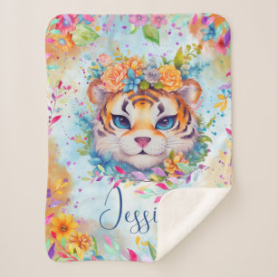 Cute Watercolor Tiger with flowers Sherpa Blanket