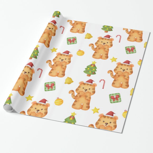 Cute Watercolor Tiger Wrapping Paper (Unrolled)