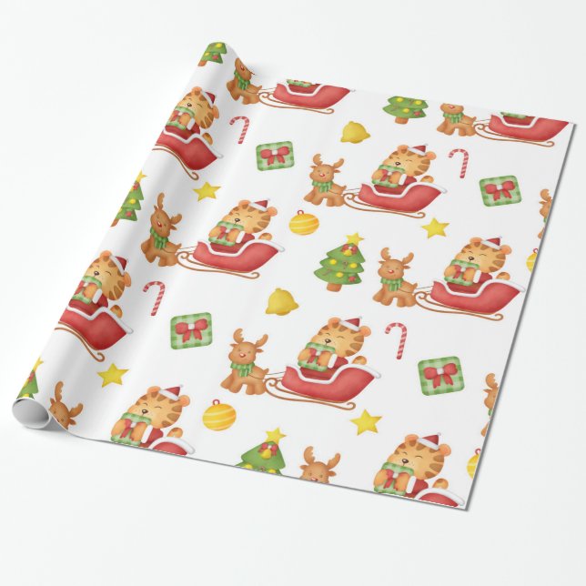 Cute Watercolor Tiger Wrapping Paper (Unrolled)