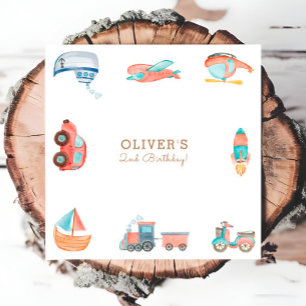 Cute Watercolor Transportation Boy Birthday Party Napkin