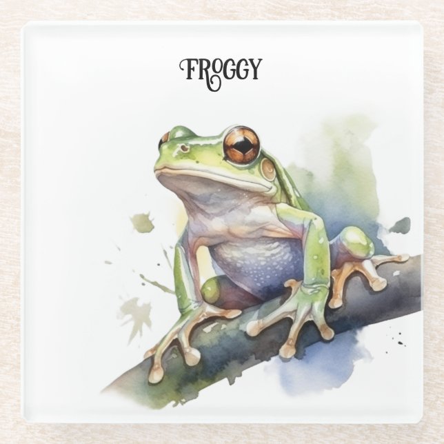 Cute Watercolor Tree Frog, custom Glass Coaster (Front)