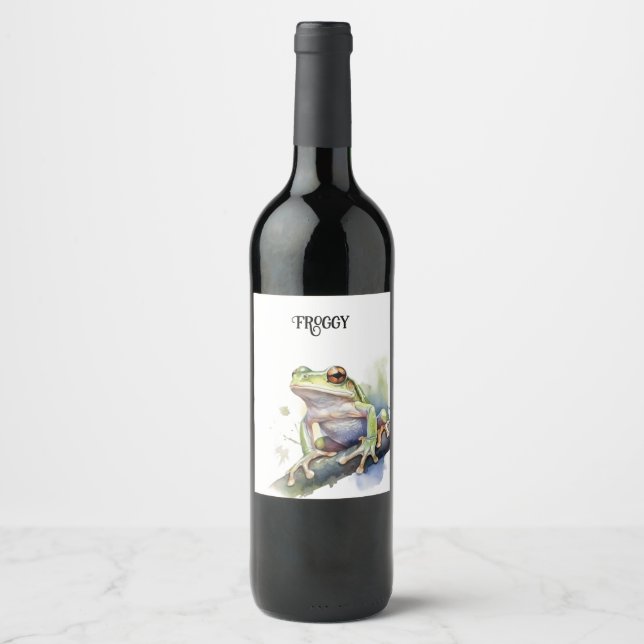 Cute Watercolor Tree Frog, custom Wine Label (Front)