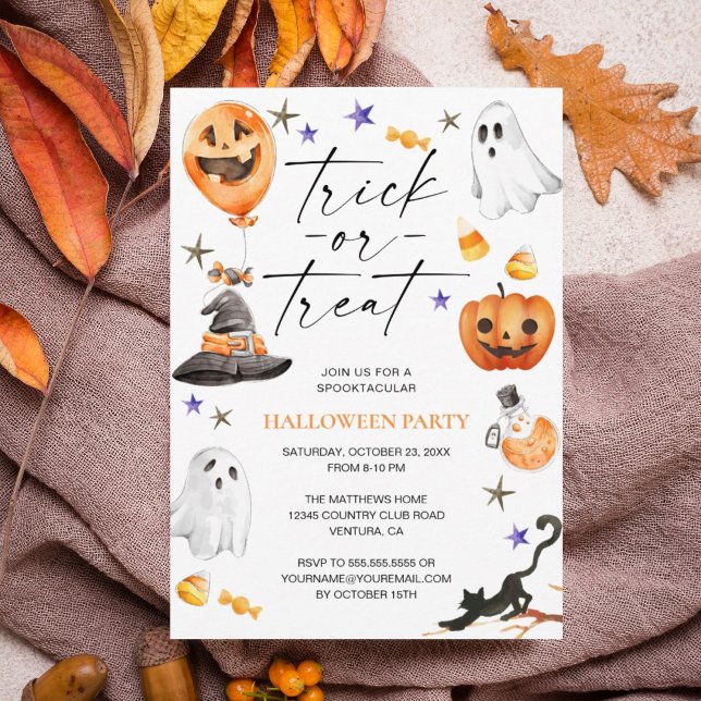 Cute Watercolor Trick or Treat Halloween Party Invitation (Treat your guests to a charming Halloween celebration with this whimsical watercolor invitation.)