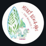 Cute Watercolor Tropical Beach Christmas Classic Round Sticker<br><div class="desc">Add a splash of cute beach Christmas charm to your Christmas in July celebration with these 1.5" round stickers! Designed with hand painted watercolor artwork by Victoria Grigaliunas of Do Tell A Belle, the design showcases a festive Santa on the beach with a surfboard in shades of red, green, and...</div>