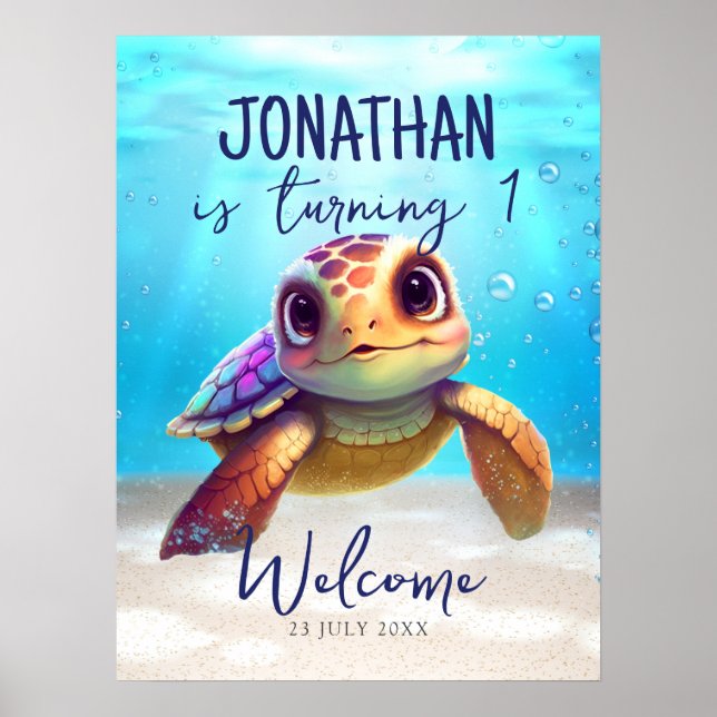 Cute Watercolor Turtle Birthday Welcome Sign (Front)