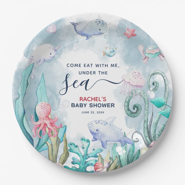 Cute Watercolor Under the Sea Baby Shower Paper Plate (Front)