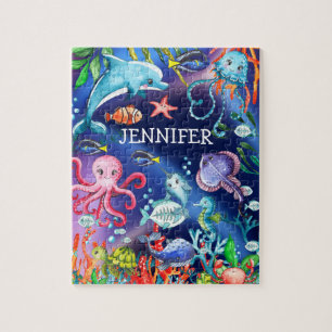 Cute Watercolor Under the Sea Ocean Creatures Blue Jigsaw Puzzle